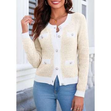 Langwyqu Womens Button Down Cropped Cardigan Sweaters Fall Trendy Long Sleeve Crew Neck Knitted Tweed Jacket Top Apricot