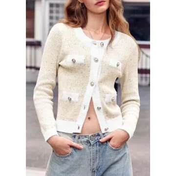 Langwyqu Womens Button Down Cropped Cardigan Sweaters Fall Trendy Long Sleeve Crew Neck Knitted Tweed Jacket Top Apricot