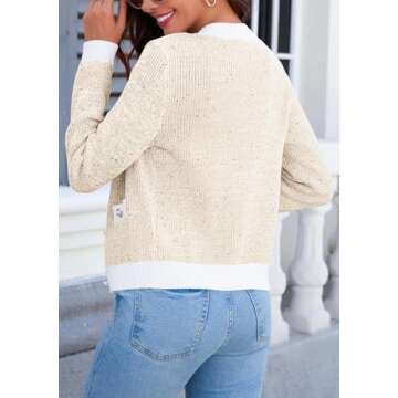 Langwyqu Womens Button Down Cropped Cardigan Sweaters Fall Trendy Long Sleeve Crew Neck Knitted Tweed Jacket Top Apricot