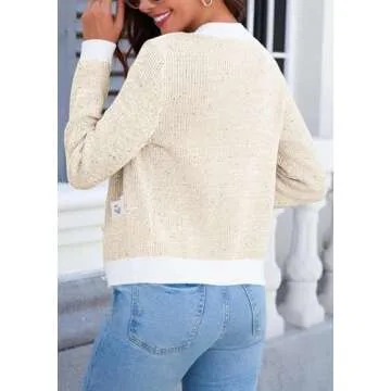 Langwyqu Womens Button Down Cropped Cardigan Sweaters Fall Trendy Long Sleeve Crew Neck Knitted Tweed Jacket Top Apricot