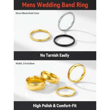 FaithHeart Mens Stainless Steel Wedding Band Rings - 2/4/6/8 mm Silver/Black/Gold Plated Polished Wedding Bands Non Tarnish Engagement Ring Mens Ring Comfort Fit Size 4-12