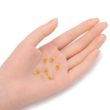 Adabele 200pcs Hypoallergenic Stud Earring Posts Findings Gold Plated 3mm Small Flat Board Glue On S...