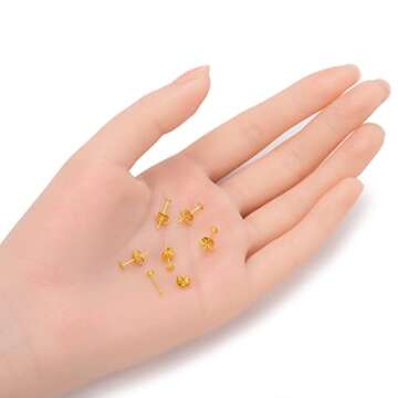 Adabele 200pcs Hypoallergenic Stud Earring Posts Findings Gold Plated 3mm Small Flat Board Glue On Setting 200pcs Earnut Backs for DIY Craft Earrings Jewelry Making CF222-3