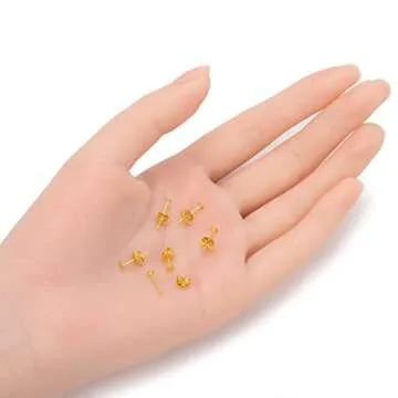 Adabele 200pcs Hypoallergenic Stud Earring Posts Findings Gold Plated 3mm Small Flat Board Glue On Setting 200pcs Earnut Backs for DIY Craft Earrings Jewelry Making CF222-3