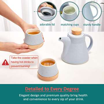 10-Piece Porcelain Ceramic Teapot Set with 4 Cups & 4 Wooden Coasters, Tea Set with Removable Stainl...