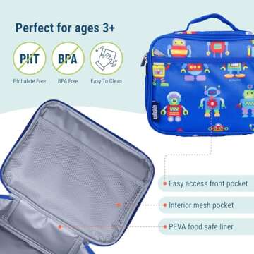 Wildkin Kids Insulated Lunch Box – Durable and Reusable for School & Travel - Robots