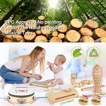 Kids Musical Instruments,100% Natural Wooden Music Percussion Toy Sets, 23 Pcs Tambourine Xylophone ...