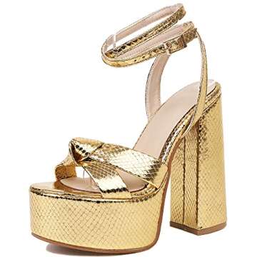 YIYA Women's Gold Metallic Platform Chunky Heeled Sandals Open Round Toe Strappy Heels Ankle Strap W...