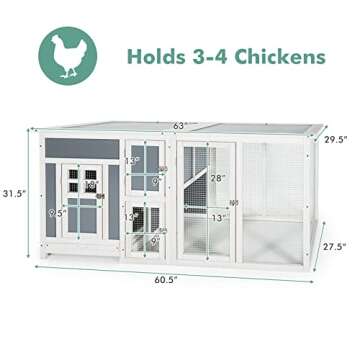 Tangkula 63 Inch Large Chicken Coop, Wood Hen House w/Nesting Box & Runway, Rabbit Hutch w/Slide-Out Bottom Tray, Lockable Ventilated Doors, Indoor Outdoor Pet House for Rabbits Chicken (Grey)