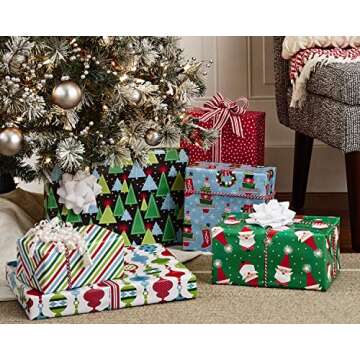 Hallmark Christmas Wrapping Paper Bundle with Cut Lines on Reverse (Pack of 6; 180 sq. ft. ttl.) Modern Santa, Trees on Black, Stripes, Ornaments