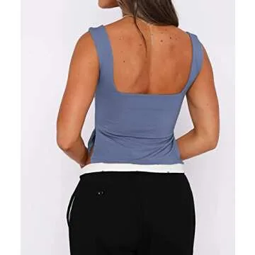 ForeFair Women Sleeveless Backless Crop Tank Top Summer Going Out Outfits Cute Pleated Sweetheart Neck Strappy Y2K Slits Tops (Ash Blue,S)