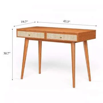 Longcoam Design Mid-Century Modern Solid Wood Desk with Drawers – 45 inch Small Boho Rattan Writin...