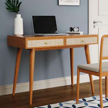Longcoam Design Mid-Century Modern Solid Wood Desk with Drawers – 45 inch Small Boho Rattan Writing Desk for Home Office, Minimalist Design Natural Wood Legs Table for Workspace Elegance