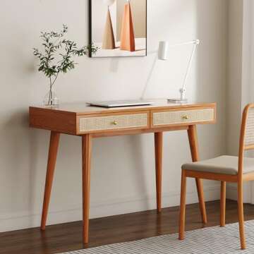 Longcoam Design Mid-Century Modern Solid Wood Desk with Drawers – 45 inch Small Boho Rattan Writing Desk for Home Office, Minimalist Design Natural Wood Legs Table for Workspace Elegance
