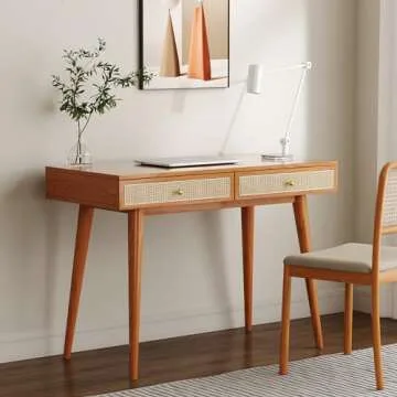 Longcoam Design Mid-Century Modern Solid Wood Desk with Drawers – 45 inch Small Boho Rattan Writing Desk for Home Office, Minimalist Design Natural Wood Legs Table for Workspace Elegance