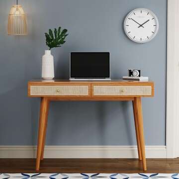 Longcoam Design Mid-Century Modern Solid Wood Desk with Drawers – 45 inch Small Boho Rattan Writing Desk for Home Office, Minimalist Design Natural Wood Legs Table for Workspace Elegance