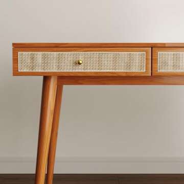 Longcoam Design Mid-Century Modern Solid Wood Desk with Drawers – 45 inch Small Boho Rattan Writing Desk for Home Office, Minimalist Design Natural Wood Legs Table for Workspace Elegance