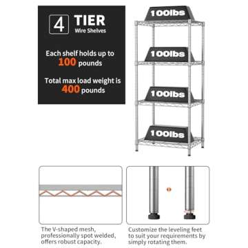 SINGAYE 4 Tier Shelf Adjustable Storage Shelf Wire Shelving 400LBS Load Capacity Metal Storage Rack for Kitchen Office Home Storage Pantry Room Silver 11.5" DX17.5 WX43.5 H