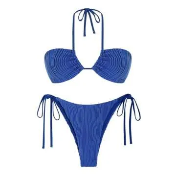 ZAFUL Women's Bandeau Bikini Set Tie Side Swimwear O Ring Cinched Strapless Swimsuit Halter Two Piece Bathing Suit