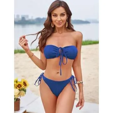ZAFUL Women's Bandeau Bikini Set Tie Side Swimwear O Ring Cinched Strapless Swimsuit Halter Two Piece Bathing Suit
