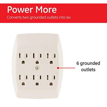 GE Home Electrical 6-Outlet Extender Wall Tap, Grounded Adapter, Charging Station