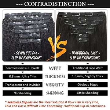 HAPPY&CC Seamless Clip Ins For Black Women Human Hair Kinky Straight Clip In Hair Extensions Real Human Hair Brazilian Virgin Hair Clip Ins Full Head For Black Women 16 Inch 7 Pcs 120g