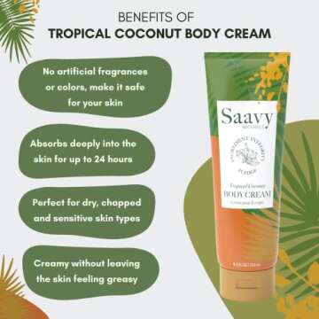 Saavy Naturals Tropical Coconut Body Cream for Women, Absorbent Shea Butter Vegan Formula for Women,...