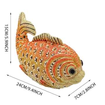 Tngan Women Mini Fish Clutch Luxury Rhinestones Purse Sparkling Banquet Handbag Wedding Party Clutch Bag, Gold Orange