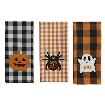 DII Happy Halloween Dishtowel Collection Embellished Cotton Kitchen Hand Towel Set, 18x28, Spooky Farmhouse Buffalo Check, 3 Count