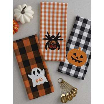 DII Happy Halloween Dishtowel Collection Embellished Cotton Kitchen Hand Towel Set, 18x28, Spooky Farmhouse Buffalo Check, 3 Count
