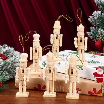 Didiseaon Decor 6Pcs Unfinished Nutcracker Figures Christmas Wooden Paintable Nutcracker Soldier Christmas Hanging Ornament for Xmas Trees, 5 Inch
