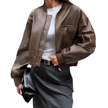 Cicy Bell Womens Faux Leather Bomber Jackets Baseball Collar Zip Up Cropped Biker Coat with Pockets