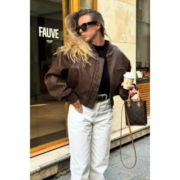 Cicy Bell Women’s Faux Leather Bomber Jacket with Pockets