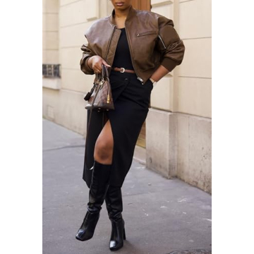 Cicy Bell Women’s Faux Leather Bomber Jacket with Pockets