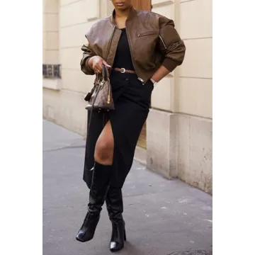 Cicy Bell Women’s Faux Leather Bomber Jacket with Pockets