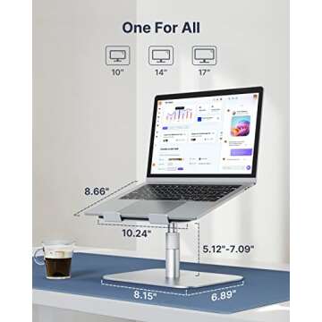 HUANUO Adjustable Ergonomic Laptop Stand with 360° Rotation, Aluminum Laptop Riser for Desk, Notebook Computer Stand Holder Compatible with 10-17 Inch Laptops, Silver, HNLS05S