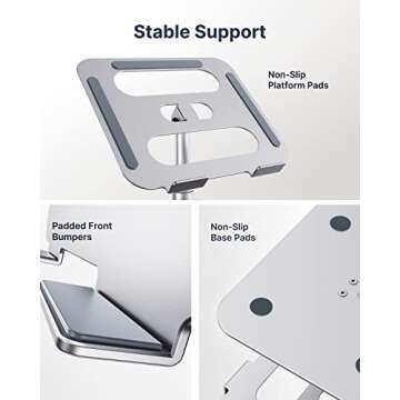 HUANUO Adjustable Ergonomic Laptop Stand with 360° Rotation, Aluminum Laptop Riser for Desk, Notebook Computer Stand Holder Compatible with 10-17 Inch Laptops, Silver, HNLS05S