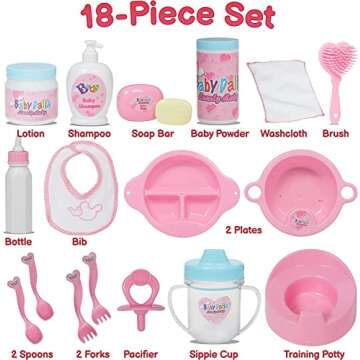 PREXTEX 18-Piece Baby Doll Accessories Set with Carrying Case - Includes Bottle, Sippy Cup, Pacifier, Bib, Hair Brush, Plates and More, Perfect for Kids, Toddlers, and Girls