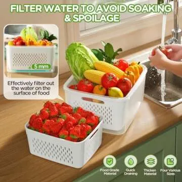 4 PCS Fruit Storage Containers for Fridge, Produce Containers with Removable Colander