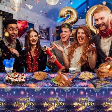 HOWAF 109pcs Colorful Firework New Year Party Tableware Set for 20 Guests, 2025 New Year Eve Party Dinnerware Set, Happy New Year Tablecloth, Gold Glitter New Year Plates, Napkins, Cups, Knife, Fork