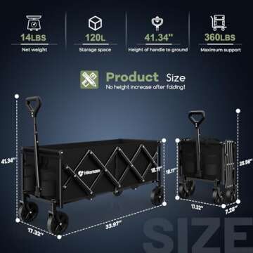 Hikemoon 34'' Extra Long Collapsible Wagons Carts Foldable, 360LBS Heavy Duty Folding Beach Wagon Cart with Wheels, Portable Utility Outdoor Wagon for Grocery, Shopping, Garden, Sports, Camping, Black