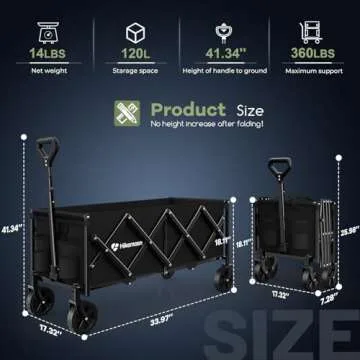 Hikemoon 34'' Extra Long Collapsible Wagons Carts Foldable, 360LBS Heavy Duty Folding Beach Wagon Cart with Wheels, Portable Utility Outdoor Wagon for Grocery, Shopping, Garden, Sports, Camping, Black