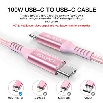 Awnuwuy 100W USB C to USB C Cable Pink, 10ft Long [2-Pack], Type C Fast Charging, USB C Charger Cord for iPhone 15/15 Pro/15 Plus/15 Pro Max,iPad Pro 11 inch 3rd, MacBook Air, Samsung S23 S22,Pixel 6