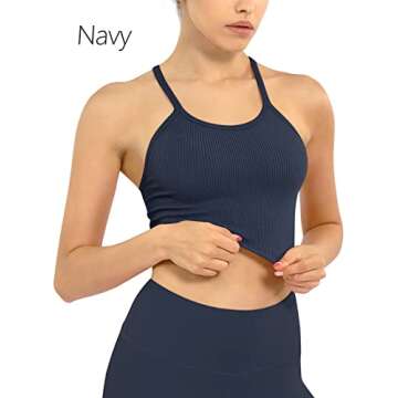 ODODOS Women's Crop 3-Pack Washed Seamless Rib-Knit Camisole Crop Tank Tops, Black Navy Blue, X-Large/XX-Large