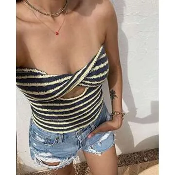 MISSACTIVER Women’s Striped Crisscross Knitted Crop Tube Top Sexy Hollow Out Sleeveless Strapless Cropped Tank Top Vest
