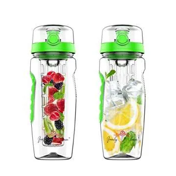 Fruit Infuser Water Bottle 32 oz: Flavored Water & Tea Infusion for Hydration, Protein Shake Sports Container, Leak-Proof Lid, Long Infuser Basket – with Sleeve, Cleaner Brush & Mix Ball