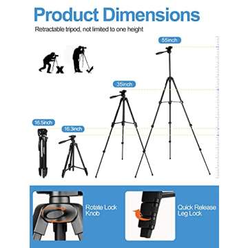 EMART 55'' Phone Tripod with Bluetooth Remote, Extendable Camera Tripod with iPhone/Android/Tablet Universal Holder, Lightweight Travel Stand for Selfie/Recording/Vlogging/Live Streaming/Video