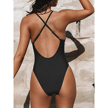 CUPSHE Women Swimsuit One Piece Bathing Suit Deep V Neck Crisscross Back Adjustable Strap Black L