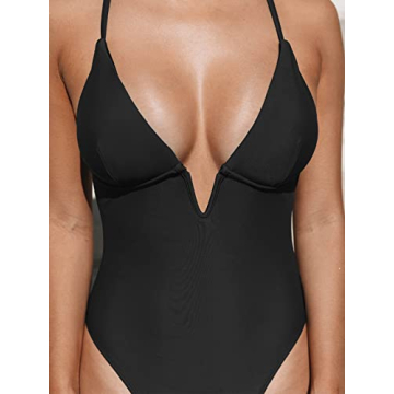 CUPSHE Women Swimsuit One Piece Bathing Suit Deep V Neck Crisscross Back Adjustable Strap Black L