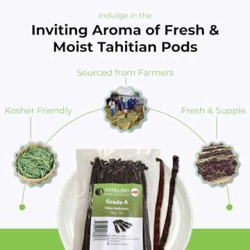 50 Tahitian Vanilla Beans Grade A by FITNCLEAN VANILLA for Baking, Extract and Paste. ~5" Bulk Fresh Raw NON-GMO Whole Gourmet Pods